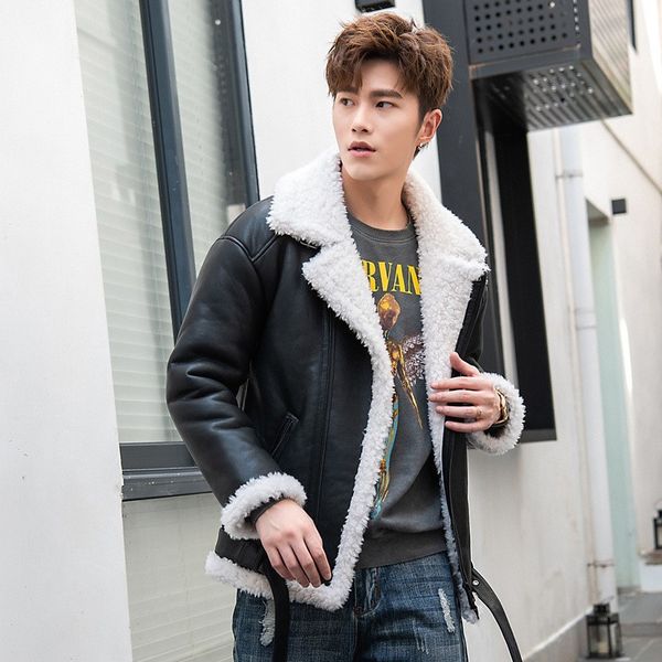 

luxury men motorcycle short genuine leather jacket winter thick warm wool outerwear plus size 5xl fashion loose shearling coat, Black