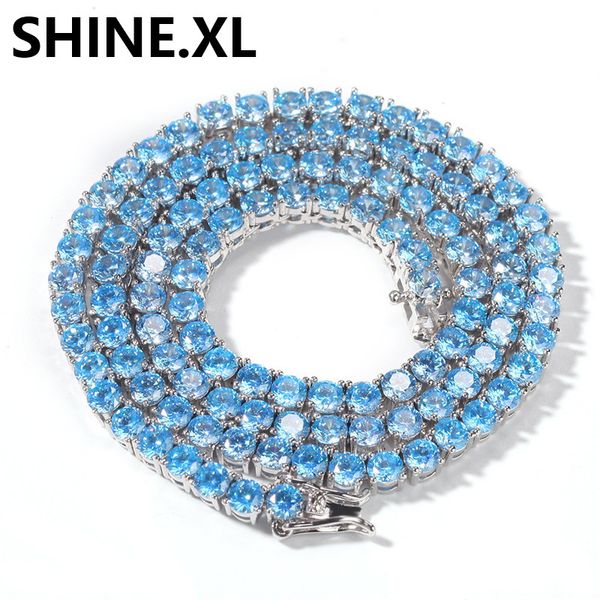 

new 4mm 1row tennis chain iced out zircon shine blue zircon mens hip hop jewelry gift, Silver