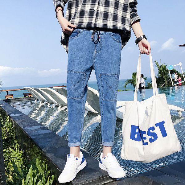 

style nine points male korean version trend 2019 spring new light-colored skinny boys, Blue