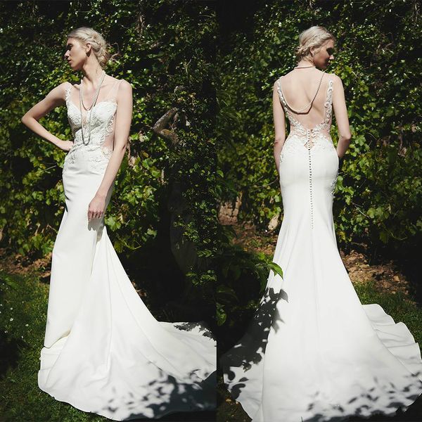 

2020 mermaid wedding dresses sheer v neck lace appliques bridal gowns sweep train satin backless wedding dress, White