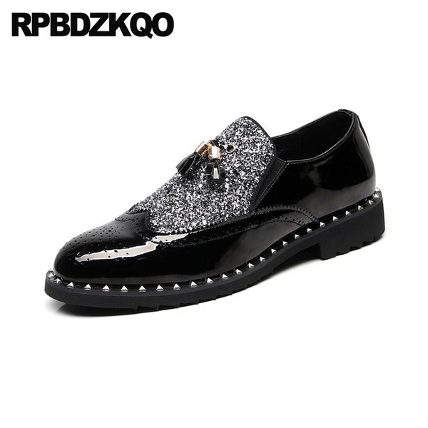 

patent leather british style stud brogue prom elevator sequin men casual slip-ons shoes black tassel glitter wingtip rivet club