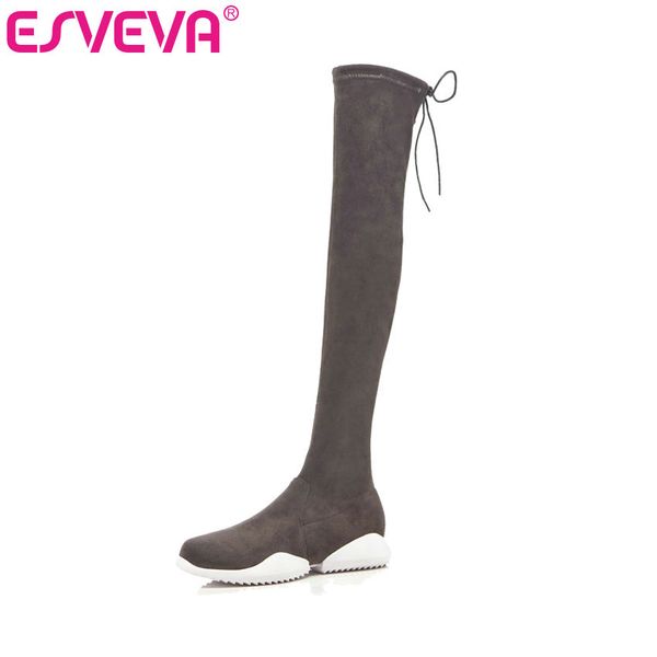 

esveva 2020 over the knee boots winter women boots wedge low heel zipper fabric flock motorcycle platform size 34-40, Black