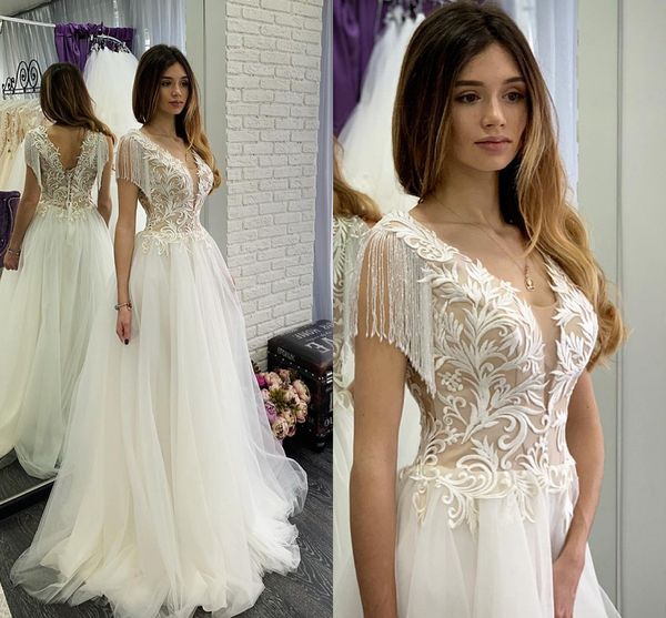 

2019 boho wedding dresses v neck lace appliques cap sleeves tassel sweep train beach bridal gowns wedding dress vestido de novia, White
