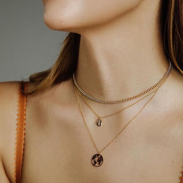 

multi layer necklace bead chain choker world map seashell pendant silver gold color plated women gift