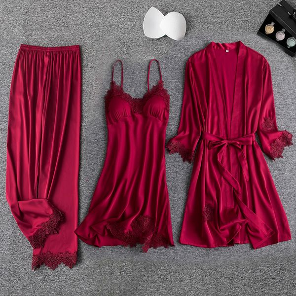 

red woman 3pc strap pants suit pajamas sleepwear sets spring home wear nightwear kimono robe bath gown bathrobe, Black;red