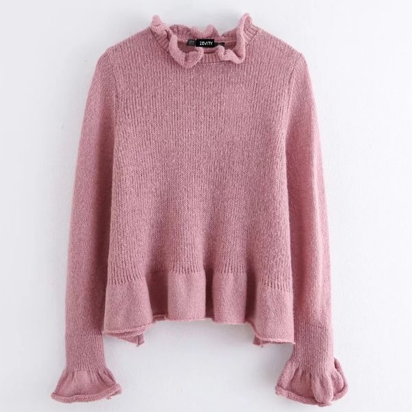 

new 2020 women sweet agaric lace solid knitting sweater female flare sleeve hem ruffles casual pullovers chic leisure s228, White;black