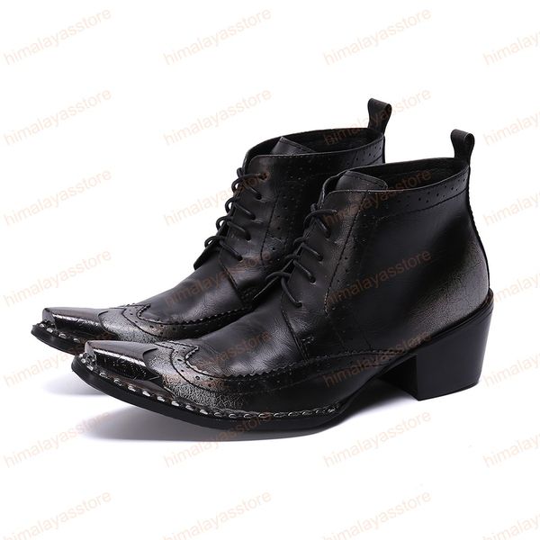 Tipo britânico Homens Botas Pointed Toe ferro preto de couro genuíno botas de tornozelo Lace-up Negócios Botas
