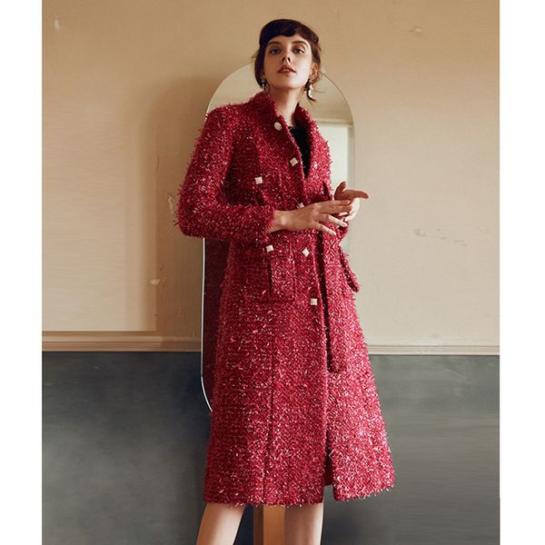 

designer long tweed coat single breasted slim elegant casual work office business wool coat red lurex pockets winter, Black