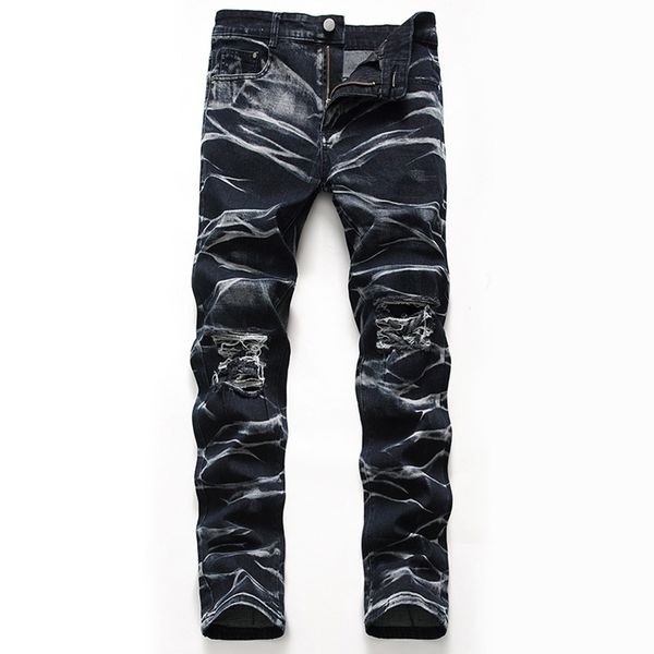 

mcikkny men's ripped holes jeans pants fashion pleated straight denim trousers male streetwear pants washed, Blue