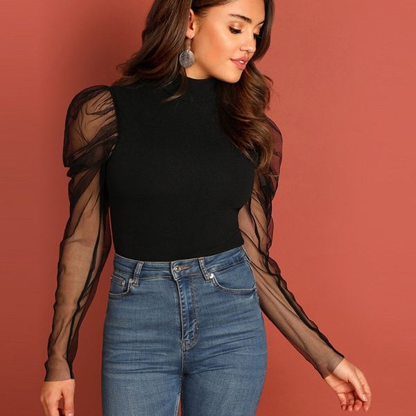 

women's blouses & shirts mesh puff sleeve shirt solid turtleneck long women slim fit pullover woman chemisier femme, White