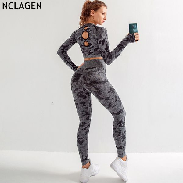 

nclagen женщины йога костюм sportswear с длинным рукавом gym workout топ футболка butt подъемно приседания proof бег брюки set бодибилдинг