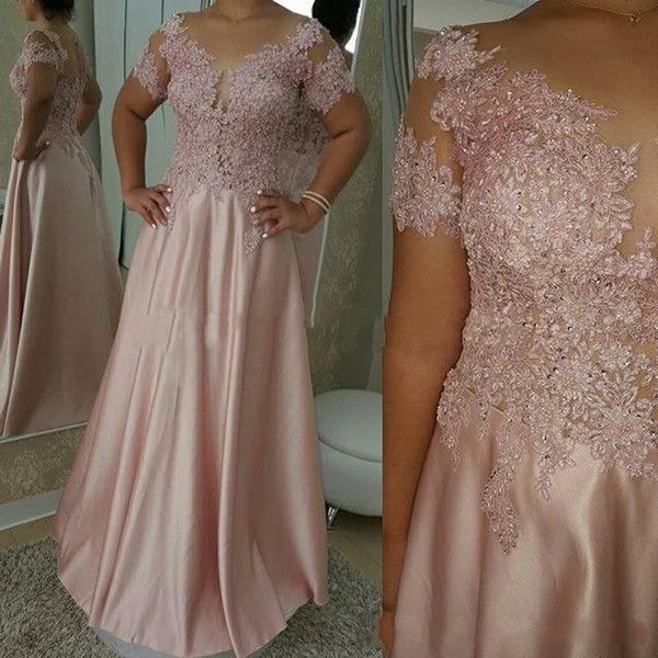 Light Pink Mãe elegante da noiva Dresses com mangas curtas Sheer Neck Lace chão Satin Convidado de Casamento Vestido Zipper Wear 2020