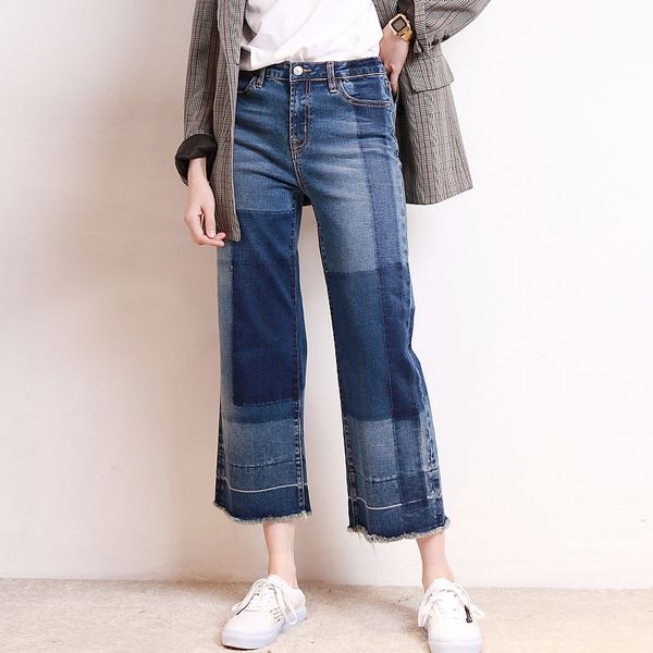 

plus size straight broad leg denim pants loose casual patchwork european trousers women clothes spring women pants jeans qh211, Blue