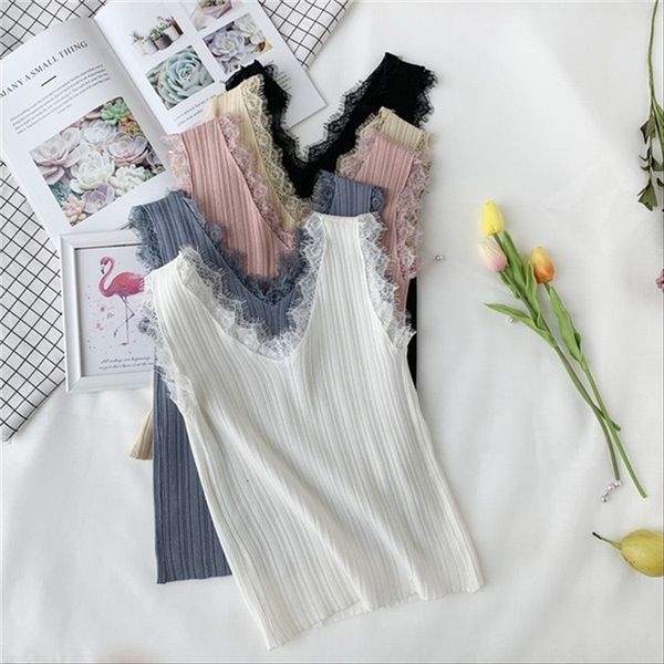 

2019 summer lace temperament all-match vest double v-neck thin elastic ice yarn knitted vest base shirt, White