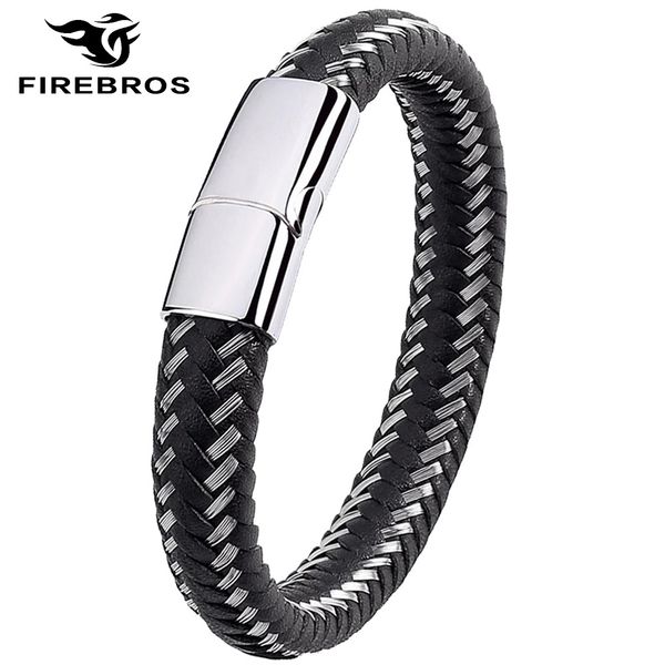 

firebros gold black silver stainless steel magnet clasp steel wire mix braided 12mm genuine leather bracelet men women jewelry, Golden;silver