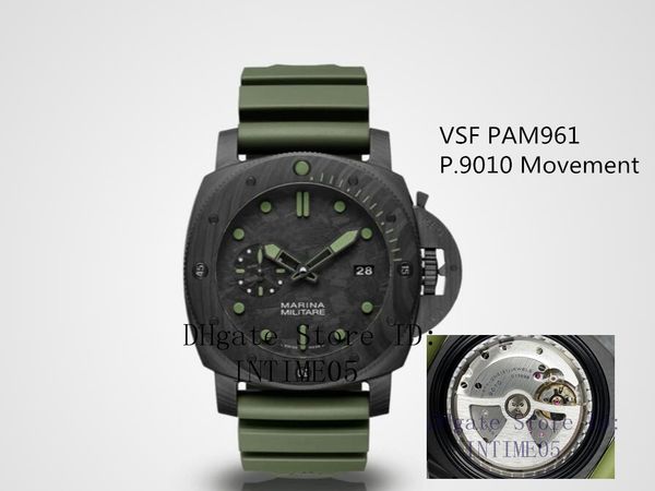

vsf 47mm pam961 carbotech p.9010 movement automatic mens watches carbon dial on green rubber strap sapphire watch, Slivery;brown