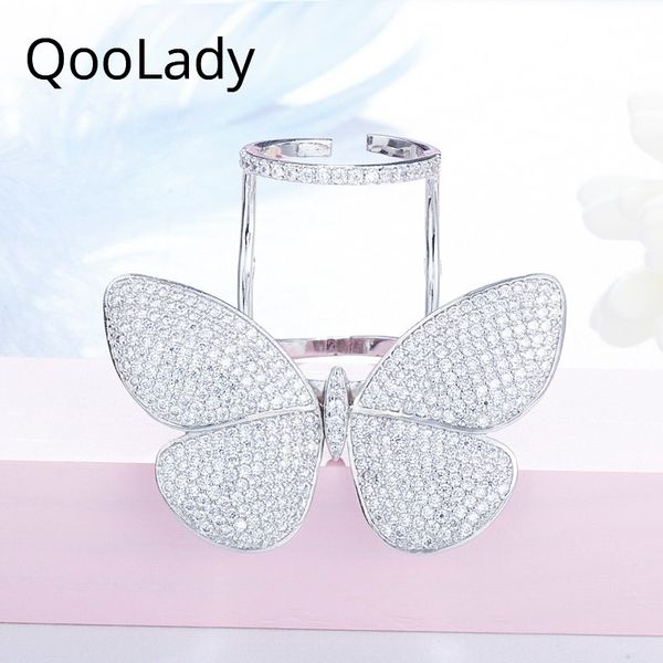 

qoolady bridal luxury micro paved cz stone beautiful big movable butterfly rings for women wedding engagement party jewelry f006, Slivery;golden