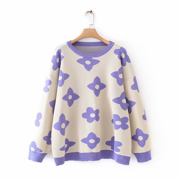 

yd38-8924 euro-american fashion flowery round-necked sweater, White;black