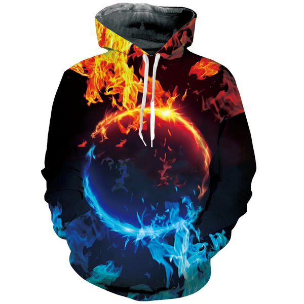 

2018 new fashion cool sweatshirt hoodies men women 3d print water and fire note music loose style streetwear sleeve clothes, Black