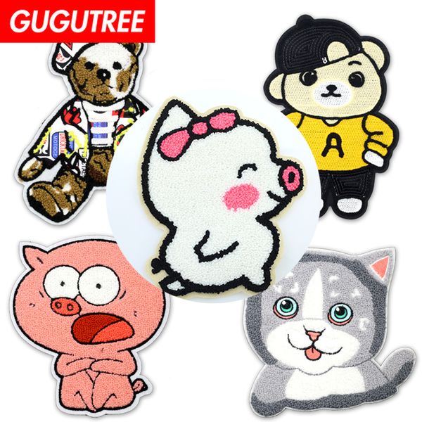 

gugutree towel embroidery big rabbit bear dogs owl cats mouse pig patch animal cartoon patches badges applique patches for clothing fd-63, Black