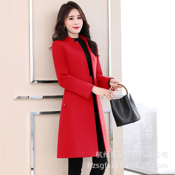 

office lady solid women long wool blend coat fashion slim cashmere jacket single breasted ladies coats, Black