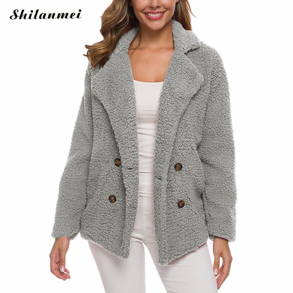 

2019 autumn turn-down collar teddy coat plus size warm fleece jacket women winter casual double breasted plush jacket 4xl 5xl, Black;brown