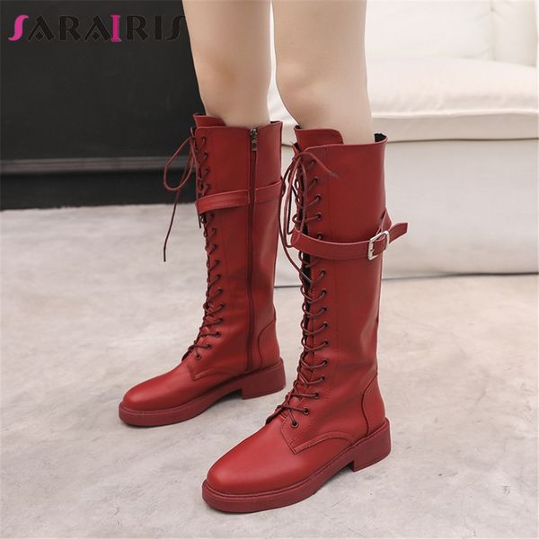 

sarairis new fashion belt buckle zip cross tied wide med heels shoes woman casual party retro winter spring knee high boots, Black