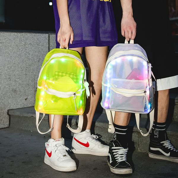 

personality glow street backpack women pvc transparent student schoolbag teenage girl small bookbag florescent light backpacks