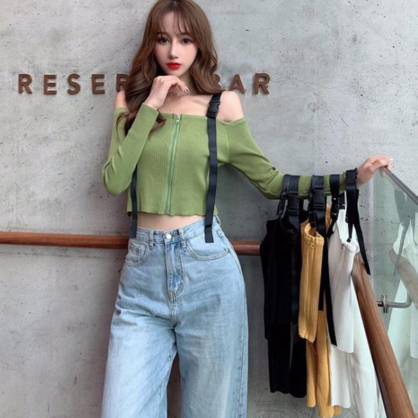 

girl girl sling short long sleeve knit pullover small fresh retro slash neck tooling, White;black