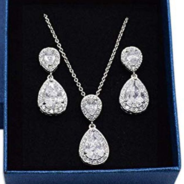 

teardrop earrings necklace set wedding prom bridesmaid gift two piece set, Silver