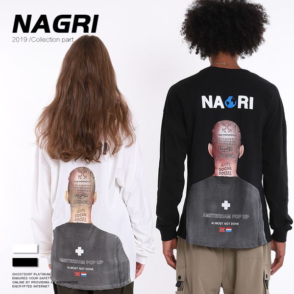

card nagri 19 tide trend character printing easy street long sleeves men's style shirt t shirts, Gray;blue