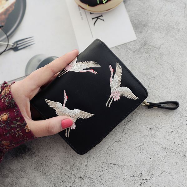 

women crane embroidery wallet fashion clutches female short wallet zipper pocket handbag hasp card holder ladies purse, Red;black