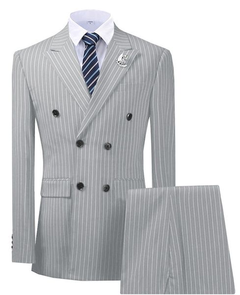 

высокое качество голубой полосой мужчины костюм для бизнеса формальная 2 шт двойной брестед blazer slim fit свадьба мужской groom смокинги к, Black;gray