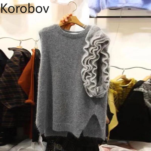 

korobov korean flower patchwork sleeveless pullovers ruffles knit sueter mujer autumn winter outwear female sweaters 79337, White;black