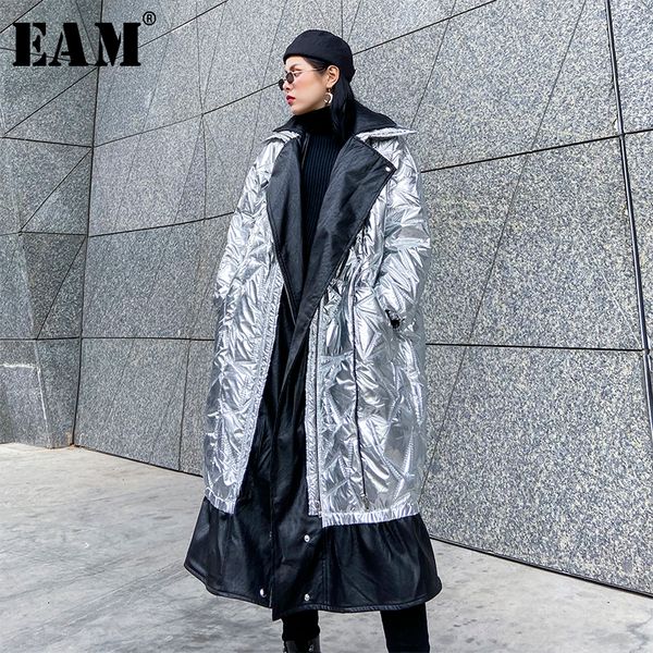 

eam] lapel leather big size cotton-padded coat long sleeve loose fit women parkas fashion tide new autumn winter 2019 19a-a847, Black