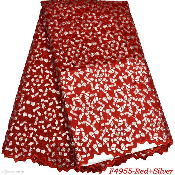 

special knitted red sequin african double organza lace with hand cut french net organza fabric with stones f4-955, Black;white