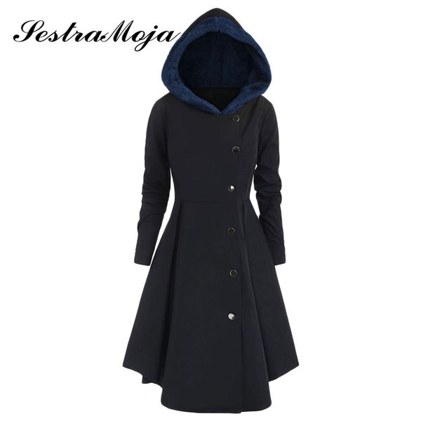 

sestra moja plus size asymmetric fleece contrast hooded skirted coat winter warm button high waist slim women jacket windbreake, Black
