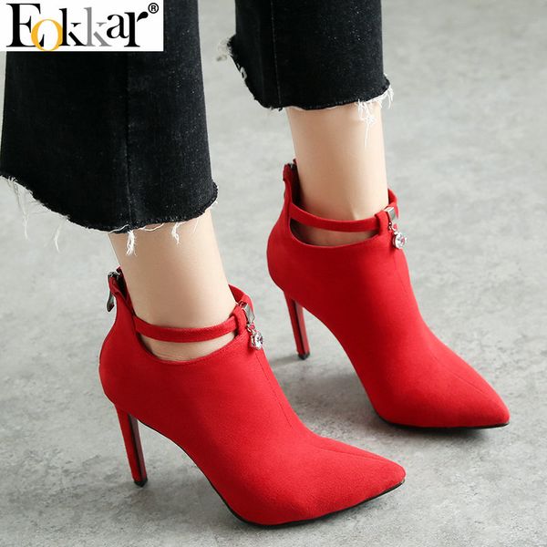 

eokkar 2020 women ankle boots pointed toe thin high heel all match elegant winter boots women shoes ladies size 34-43, Black