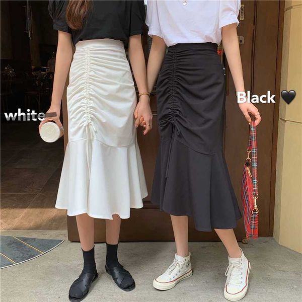 

korean high waist midi-long mermaid skirt women fashion drawstring irregular pleated skirts womens white black package hip falda