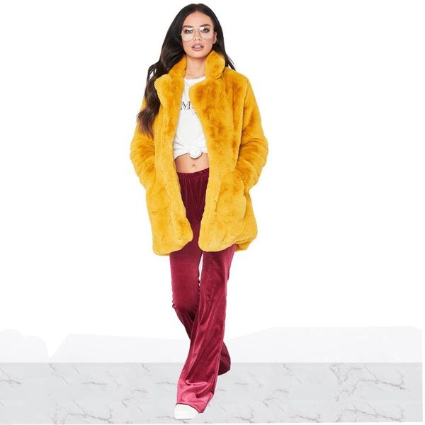 

women winter warm faux fur coat elegant turn-down collar long sleeve open stitch faux leather jackets soft outerwear coats, Black