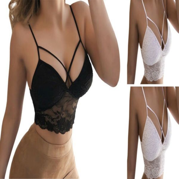 

wireless women floral padded strappy lace bralette bustier cami bra, Black;white