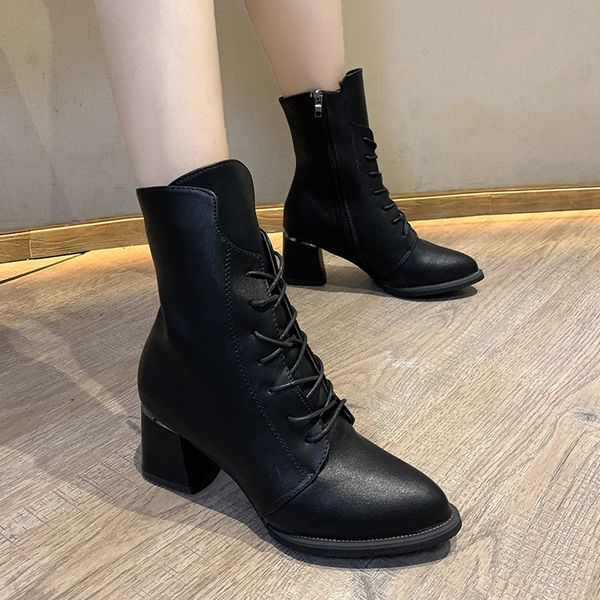

high heel plataform winter boots women fashion thick pointed boots lace-up cool short shoes woman waterproof summer, Black