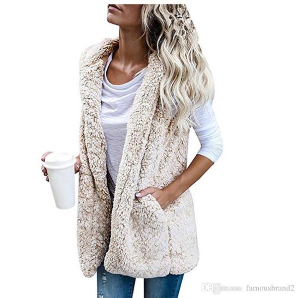 

faux fur sleeveless thick open stitch hooded female clothing fashion style casual apparel womens winter designer, Black
