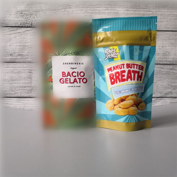 

sherbinskis bacio gelato peanut butter breath smell proof mylar bags with ziplock stand up pouch packaging bags for dry herb flowers