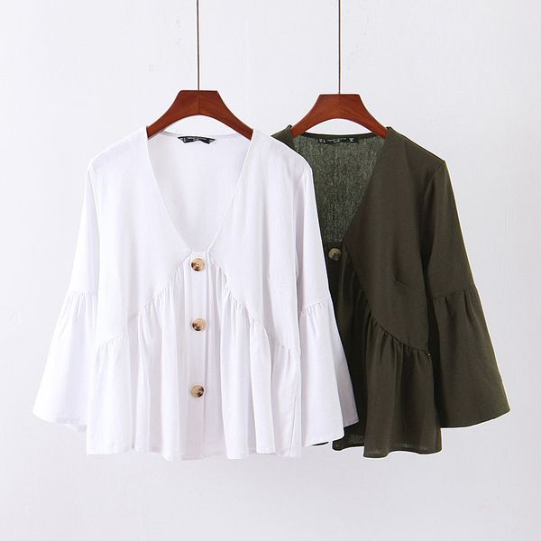 

women vintage basic solid blouse v neck long sleeve casual shirt office wear pleated white