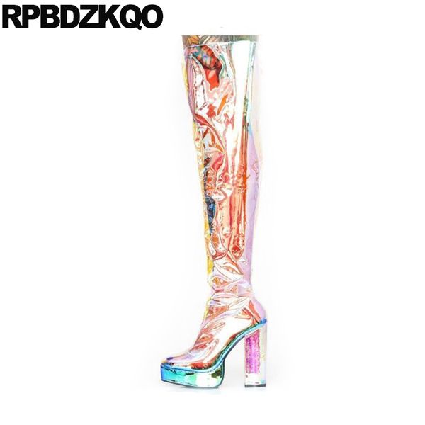 

over the knee brand 12 44 fetish chunky high heel thigh boots for plus size women dance holographic big crossdresser shoes 10, Black