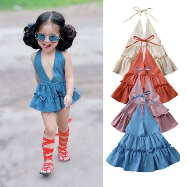 

summer lovely infant baby girl romper dress clothes ruffles solid sleeveless belt deep v neck jumpsuit outfits sunsuit, Blue