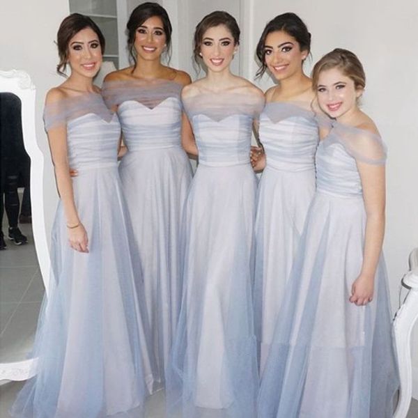 

dusty blue tulle long bridesmaid dresses 2020 bateau neck ruched floor length plus size maid of honor country wedding guest dresses, White;pink
