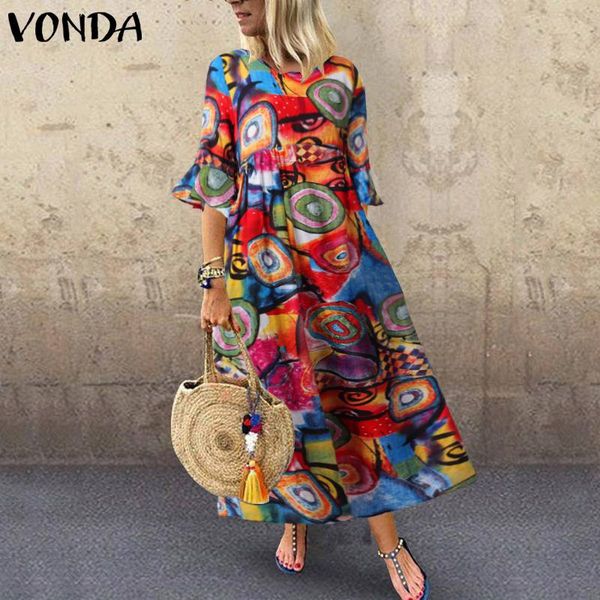 

vonda 2020 loose beach sundress s-5xl loose flare short sleeve o neck party bohemian vestidos femme long robe 5xl sundress, Black;gray