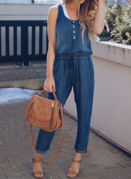 

denim wash overall for summer lady women fashion cool street blue plain women sleeveless loose jeans jumpsuit long pants, Black;white
